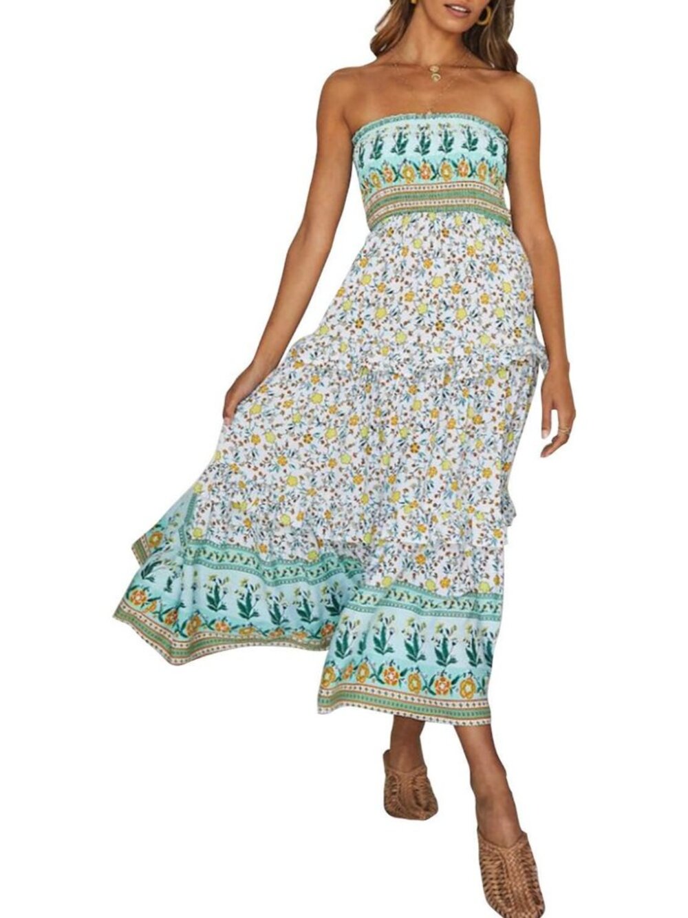 Women's Light Green Summer Boho Strapless Maxi Off Shoulder Smocked Flowy Dress